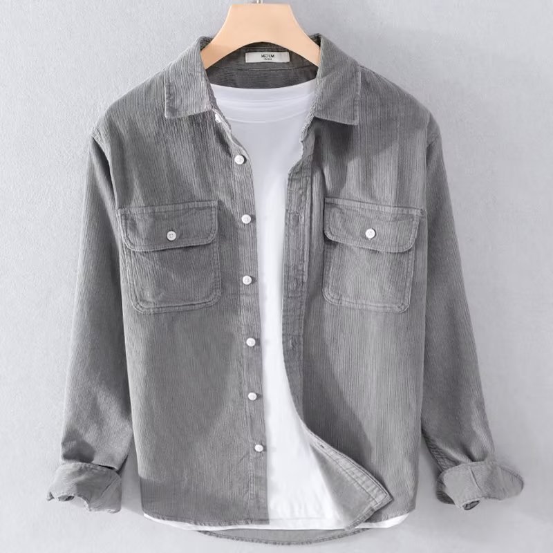 Corduroy Button Up Shirt Men - Heren overhemd van corduroy, effen kleur,